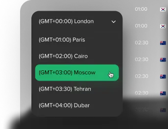 Dropdown menu displaying various time zones, with Moscow (GMT+03:00) selected